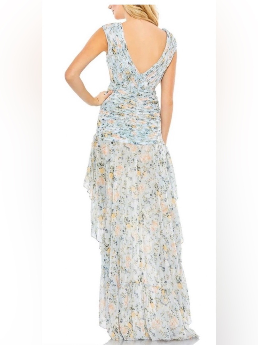 Mac Duggal 55826 NWT Blue Floral High Low Ruffle Dress - Picture 2 of 7